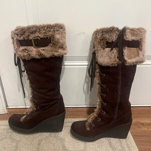 Brown Faux Fur Wedge Boots